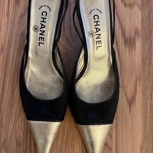 CHANEL Black Satin & Gold Slingback Kitten Heel Size 40